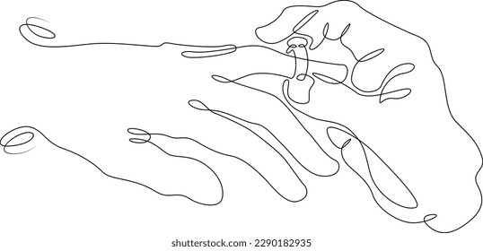 One continuous line.Wedding ring. He puts a ring on his finger. Wedding. Wedding betrothal. Wedding ring. Newlyweds hands.One continuous line drawn isolated, white background.