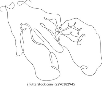 One continuous line.Wedding ring. He puts a ring on his finger. Wedding. Wedding betrothal. Wedding ring. Newlyweds hands.One continuous line drawn isolated, white background.