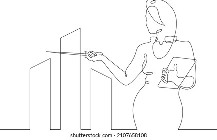 One continuous line.Woman businesswoman speaks at a presentation. A project with graphs and diagrams. Manager scientist teacher tells at the blackboard with a drawing.Continuous line drawing lineart 