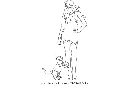 One continuous line.Woman with a cat. Girl plays with a pet. Domestic cat. One continuous line drawn isolated, white background.