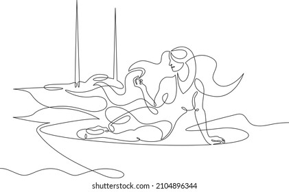 One continuous line.Woman on the pier. Yachts in the bay. Sea resort.Tourist travel vacation.Continuous line drawing abstract logo.Lineart isolated white background.