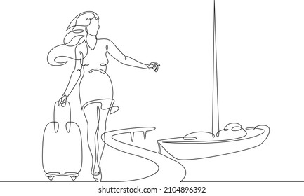 One continuous line.Woman on the pier. Yachts in the bay. Sea resort.Tourist travel vacation.Continuous line drawing abstract logo.Lineart isolated white background.