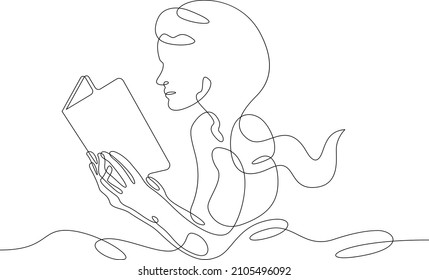 Una línea continua. La mujer lee un libro. Un estudiante lee un libro de texto. Biblioteca y educación.Dibujo continuo de líneas.Lineart fondo blanco aislado.