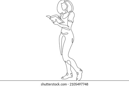 One continuous line.Woman reads a book. A student reads a textbook. Library and Education.Continuous line drawing.Lineart isolated white background.