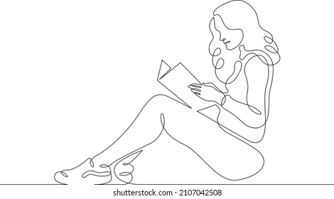 One continuous line.Woman reads a book. A student reads a textbook. Library and Education.Continuous line drawing.Lineart isolated white background.Girl is fond of reading.