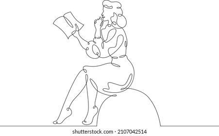 One continuous line.Woman reads a book. A student reads a textbook. Library and Education.Continuous line drawing.Lineart isolated white background.Girl is fond of reading.