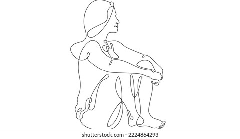 One continuous line.Woman relaxes after sports. Meditation female character. Yoga practice. One continuous line on a white background.