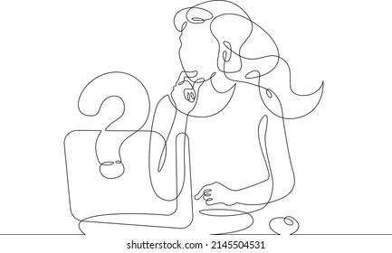 Una línea continua. La mujer está sentada en una laptop. Buscar una respuesta a una pregunta en Internet. Trabajo informático.Un dibujo de línea continua. El Line Art tiene un fondo blanco aislado.