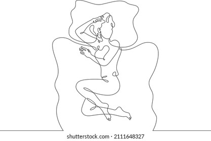 One continuous line.Woman sleeps on a pillow under a blanket.Sleeping man sees dreams. Sleeping in bed.Continuous line drawing.Lineart isolated white background.