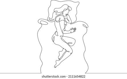One continuous line.Woman sleeps on a pillow under a blanket.Sleeping man sees dreams. Sleeping in bed.Continuous line drawing.Lineart isolated white background.