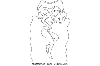 One continuous line.Woman sleeps on a pillow under a blanket.Sleeping man sees dreams. Sleeping in bed.Continuous line drawing.Lineart isolated white background.