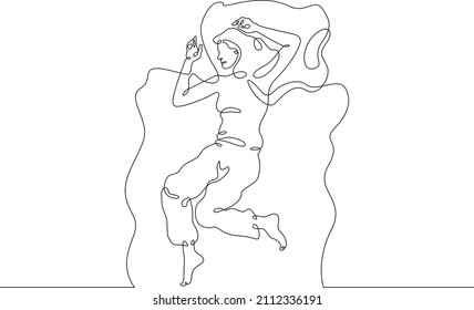 One continuous line.Woman sleeps on a pillow under a blanket.Sleeping man sees dreams. Sleeping in bed.Continuous line drawing.Lineart isolated white background.