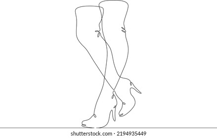 One continuous line.Womens shoes. High fashion leather boots. Stylish womens street shoes. Fashionable high leather boots. One continuous line is drawn on a white background.