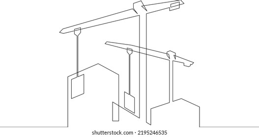 One continuous line.Womens shoes.Construction of multi-storey buildings. Tower crane. Construction of city houses. Construction cranes.One continuous line is drawn on a white background.