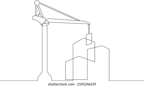 One continuous line.Womens shoes.Construction of multi-storey buildings. Tower crane. Construction of city houses. Construction cranes.One continuous line is drawn on a white background.