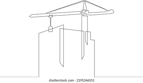 One continuous line.Womens shoes.Construction of multi-storey buildings. Tower crane. Construction of city houses. Construction cranes.One continuous line is drawn on a white background.