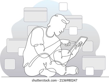 One continuous line.Young man sits with a smartphone in his hands. A man communicates in social networks.Continuous art line drawing isolated white background.