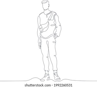 One continuous line.Young man for a walk. Fashionable design for casual wear. Trendy hipster. One continuous drawing line logo isolated minimal illustration.