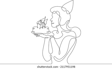 One continuous line.Young mother with a birthday cake for children. Girl with a birthday cake in her hands. Birthday holiday.Continuous line drawing.Line Art isolated white background.
