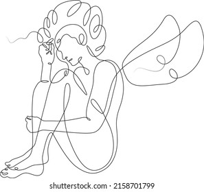 One continuous line.Young woman curled up. Girl sleeping curled up. Young woman with wings. Kids games.One continuous line drawn isolated, white background.
