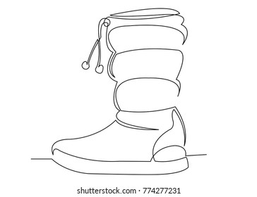 one continuous painted line of a boot of a winter boot. Hand-drawn picture silhouette. Line art.