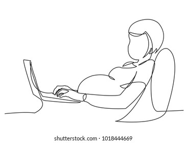 one continuous painted line pregnant business woman painted by hand silhouette picture. Line art. character pregnant woman at the computer