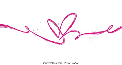 One Continuous Pink Line of Grunge Icon Heart. Cute doodle love sign isolated on white background. Scribble heart shapes drawn with markers and chalk