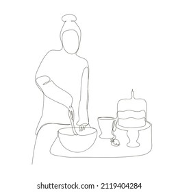 Una línea continua de dibujo personal de una mujer haciendo una tarta