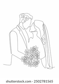 One continuous single drawing black line art doodle wedding couple bride, Couple with love.