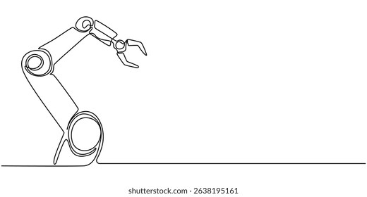 One continuous single drawing black line art doodle of robotic arm Industrial, representing automation and AI, Robotic Arm Single Line Icon, Robotic arms or industry manipulator positioned continuous
