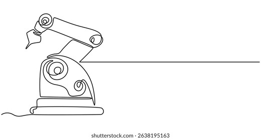One continuous single drawing black line art doodle of robotic arm Industrial, representing automation and AI, Robotic Arm Single Line Icon, Robotic arms or industry manipulator positioned continuous