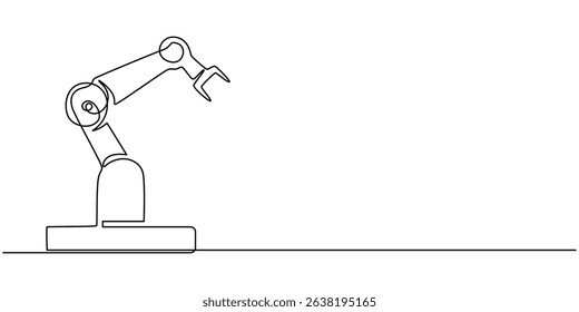 One continuous single drawing black line art doodle of robotic arm Industrial, representing automation and AI, Robotic Arm Single Line Icon, Robotic arms or industry manipulator positioned continuous