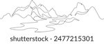 One continuous single drawing line art flat doodle  mountain, lake, beautiful, landscape, peak, scenery, nature, tourism. Isolated image hand draw contour on a white background