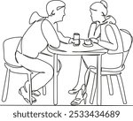 One continuous single drawing line art flat doodle cafe, person, sitting, adult, man, woman, table, young adult, lifestyle, adults only. Isolated image hand draw contour on a white background