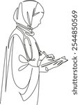 One continuous single drawing line art flat doodle islam, female doctor,  medicine, hijab, religious dress, doctor. Isolated image hand draw contour on a white background, hand drawn, not AI