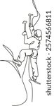 One continuous single drawing line art flat doodle ice axe, outdoors, adventure, mountain climbing, sport climber, people. Isolated image hand draw contour on a white background, hand drawn, not AI