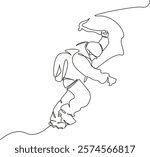 One continuous single drawing line art flat doodle adventure, winter, mountain climbing, challenge, ice axe, snow, sport climber. Isolated image hand draw contour on a white background, hand drawn