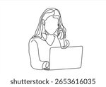 One continuous single drawing line art flat doodle businesswoman working on laptop. Isolated image hand draw contour on a white background. Hand drawn one line vector. Editable stroke		