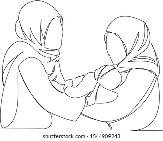 One Continuous Single Drawing Line Art Doodle Muslim, People, Baby, Patient, Doctor. Isolated Image Hand Draw Contour On A White Background