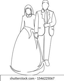 One continuous single drawing line art doodle wedding, muslim, couple, love, bridel. Isolated image hand draw contour on a white background