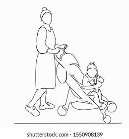 One continuous single drawing line art doodle stroller, mother, female, baby. Isolated image hand draw contour on a white background