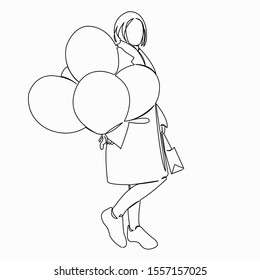 One continuous single drawing line art doodle happy, birthday, balloon, girl, beautiful. Isolated image hand draw contour on a white background