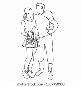 One continuous single drawing line art doodle sport, cheerleader, player, american, football. Isolated image hand draw contour on a white background