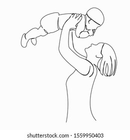 One continuous single drawing line art doodle mother, baby, family, child, parent. Isolated image hand draw contour on a white background