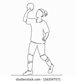 One continuous single drawing line art doodle sport, girl, handball, ball, playerl. Isolated image hand draw contour on a white background