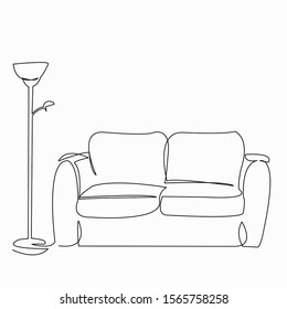 One continuous single drawing line art doodle interior, sofa, home, floor, lamp. Isolated image hand draw contour on a white background
