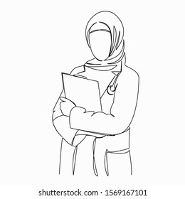 One continuous single drawing line art doodle medical, doctor, muslim, hospital, female. Isolated image hand draw contour on a white background
