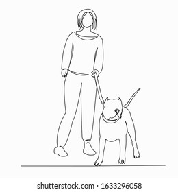 One continuous single drawing line art flat doodle character, people, person, girl, dog,  pit bull. Isolated image hand draw contour on a white background
