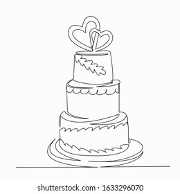 One continuous single drawing line art flat doodle flat, cake, wedding, food, dessert, flower, love. Isolated image hand draw contour on a white background
