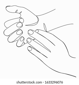 One continuous single drawing line art flat doodle hand, people, female, manicure, nail. Isolated image hand draw contour on a white background
